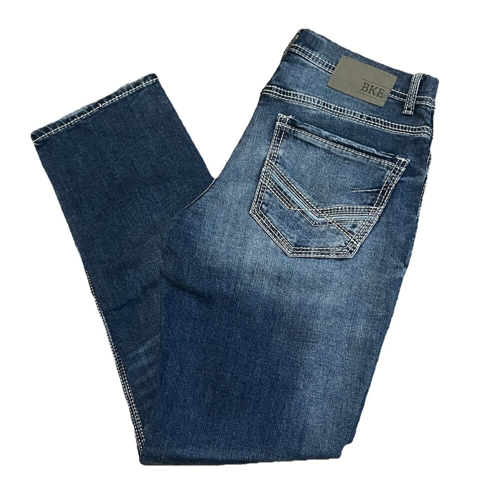 BKE Jeans Mens 32x29 Blue Denim Alec Straight Mid Rise Stretch Buckle - EUC